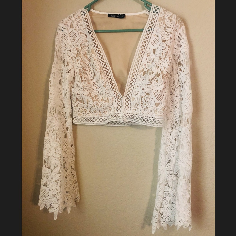 BooHoo White Lace Flared Sleeve Crop Top